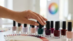 Main choisissant parmi une sélection de flacons de vernis à ongles et un nuancier de couleurs.