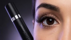 Gros plan sur un œil de femme aux cils noirs très volumineux avec un tube de mascara YSL Lash Clash noir.