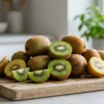 Des kiwis entiers et coupés disposés sur une planche à découper en bois dans une cuisine lumineuse.