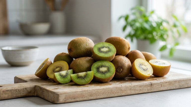 Des kiwis entiers et coupés disposés sur une planche à découper en bois dans une cuisine lumineuse.