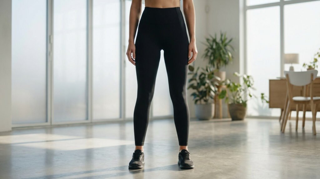 Gros plan sur une femme portant un legging noir sculptant dans une pièce lumineuse et moderne.
