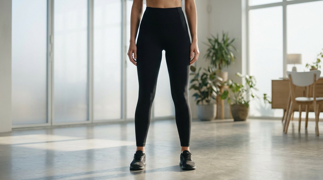 Gros plan sur une femme portant un legging noir sculptant dans une pièce lumineuse et moderne.