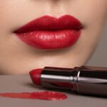 Gros plan sur des lèvres maquillees en rouge vif avec un tube de rouge a levres Sisley pose sur une surface grise.