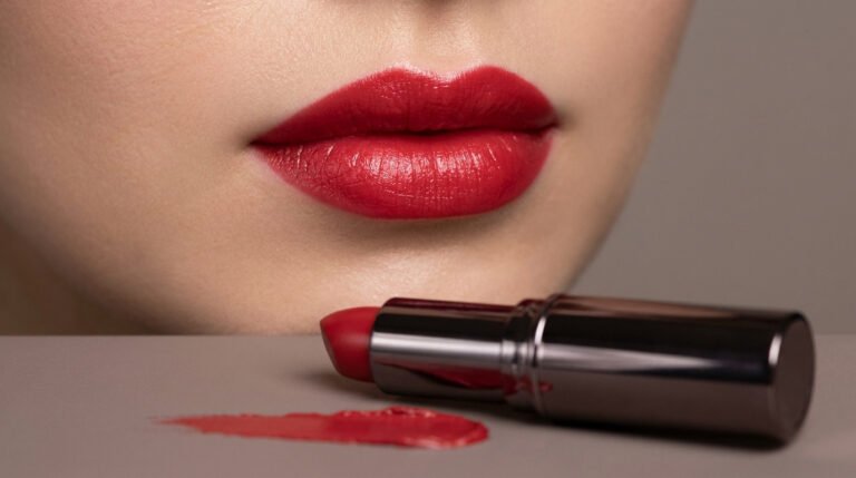 Gros plan sur des lèvres maquillees en rouge vif avec un tube de rouge a levres Sisley pose sur une surface grise.