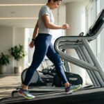 Une femme souriante marche sur un tapis de course incliné dans une salle de sport lumineuse.