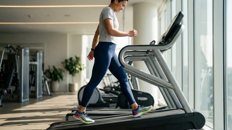 Une femme souriante marche sur un tapis de course incliné dans une salle de sport lumineuse.