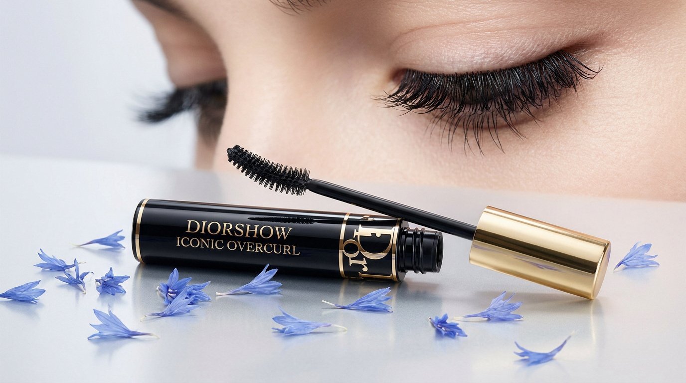 Un tube de mascara Diorshow Iconic Overcurl noir et or ouvert, sa brosse près d'un œil aux cils longs et courbés. Des pétales bleus entourent le produit.