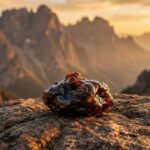Une résine de Shilajit sombre et brillante posée sur un rocher avec des montagnes en arrière-plan au coucher du soleil.