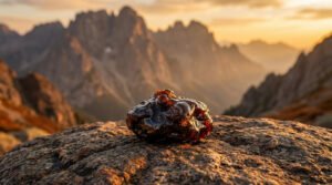 Une résine de Shilajit sombre et brillante posée sur un rocher avec des montagnes en arrière-plan au coucher du soleil.