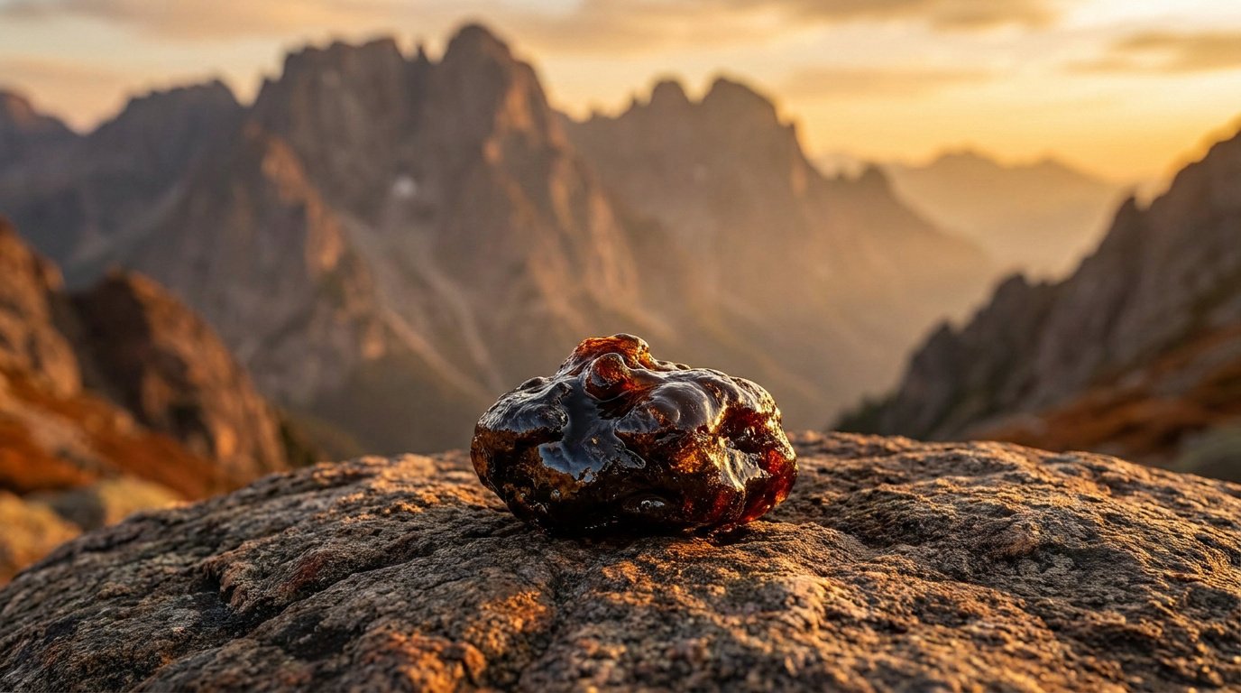 Une résine de Shilajit sombre et brillante posée sur un rocher avec des montagnes en arrière-plan au coucher du soleil.