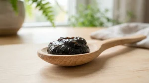 quel gout a le shilajit résine noire sur cuillère en bois