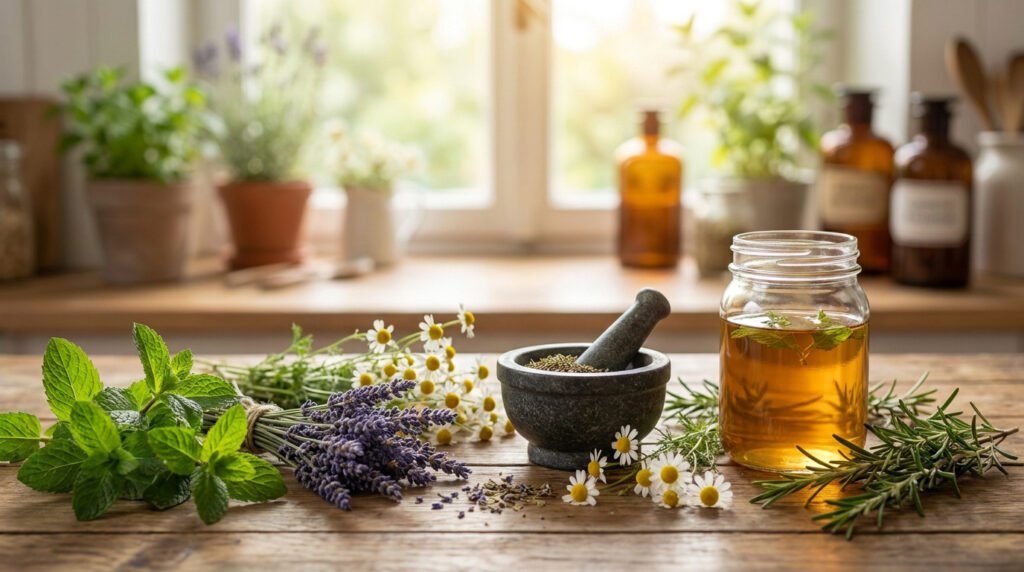 Herbes, fleurs, mortier et infusion sur une table en bois devant une fenêtre ensoleillée.