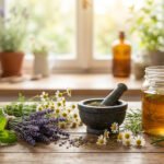 Herbes, fleurs, mortier et infusion sur une table en bois devant une fenêtre ensoleillée.
