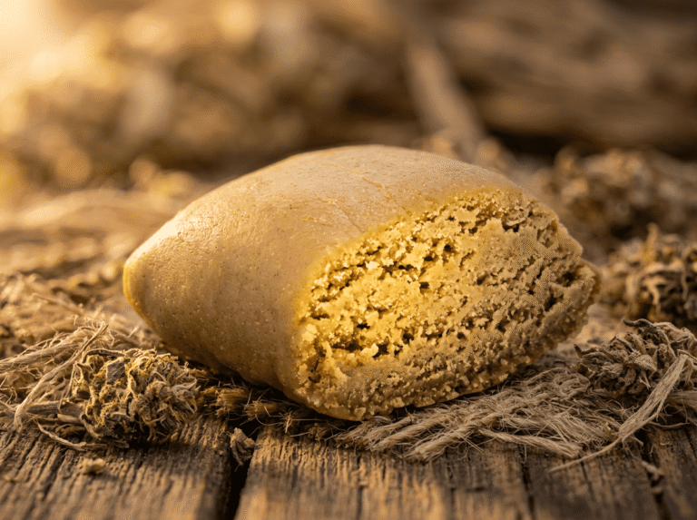 résine cbd sans thc bloc doré sur bois naturel
