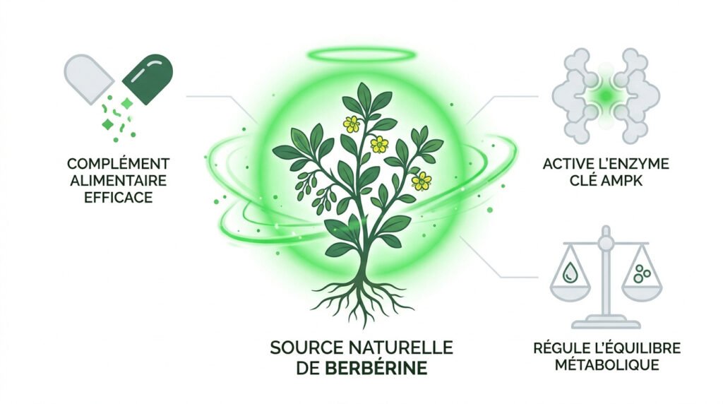 Illustration montrant une plante de berbérine entourée d'une aura verte, entourée d'icônes explicatives sur ses bienfaits.
