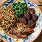aliments source de fer variés dans une assiette colorée sur fond bois
