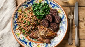 aliments source de fer variés dans une assiette colorée sur fond bois
