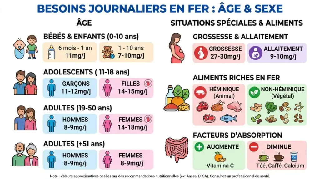 besoins journaliers en fer selon âge et sexe infographie