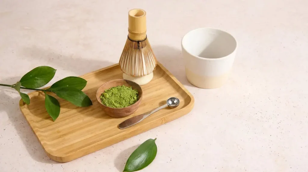 bol de matcha et fouet posés sur une planche
