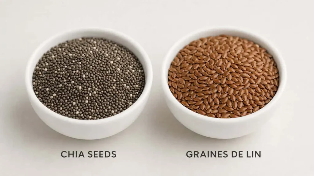 comparaison graines de chia et graines de lin côte à côte