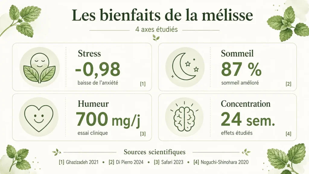 Infographie sur les bienfaits de la mélisse et ses usages en phytothérapie