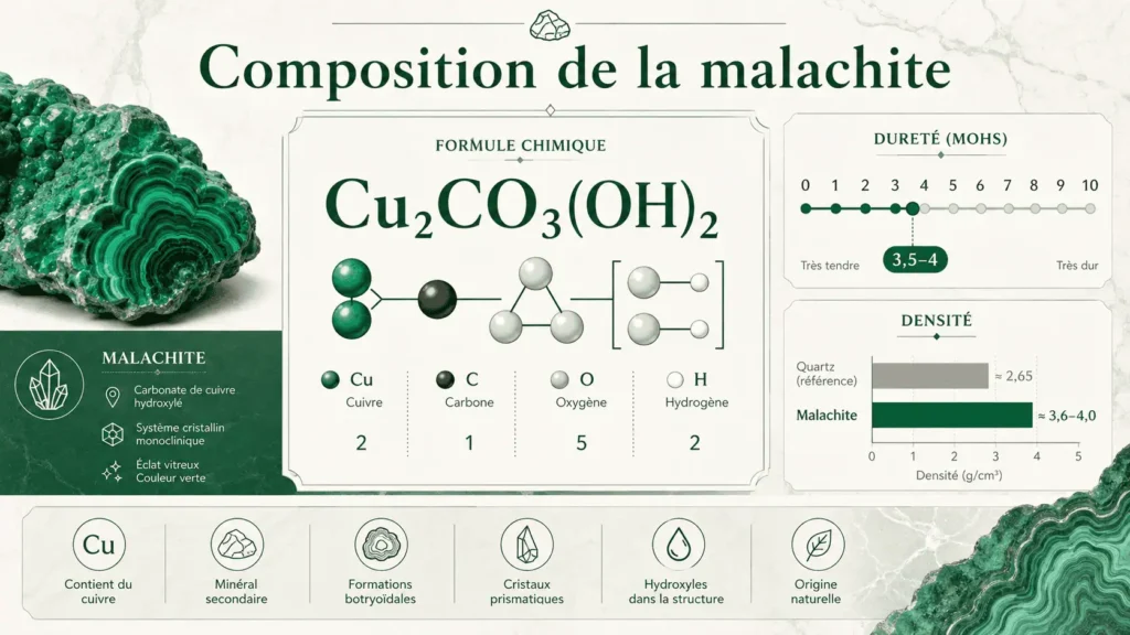 infographie composition et dureté de la malachite pierre semi-précieuse