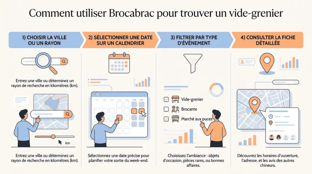 étapes pour rechercher un vide-grenier sur brocabrac