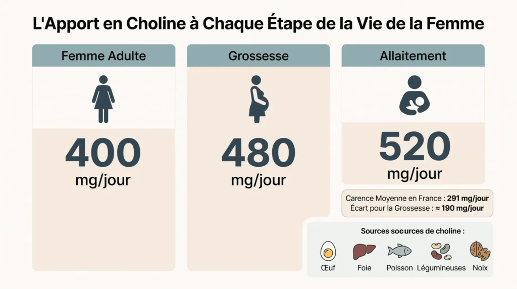 apport journalier recommandé choline grossesse allaitement femme adulte