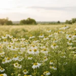 Champ de camomille en fleur illustrant la plante médicinale
