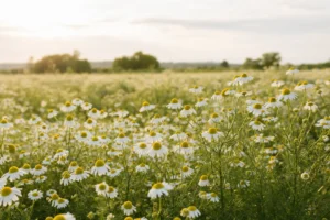 Champ de camomille en fleur illustrant la plante médicinale