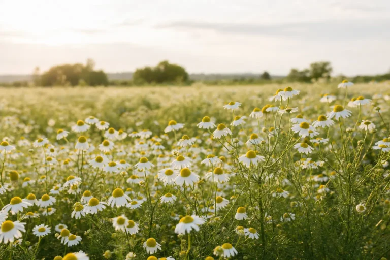 Champ de camomille en fleur illustrant la plante médicinale