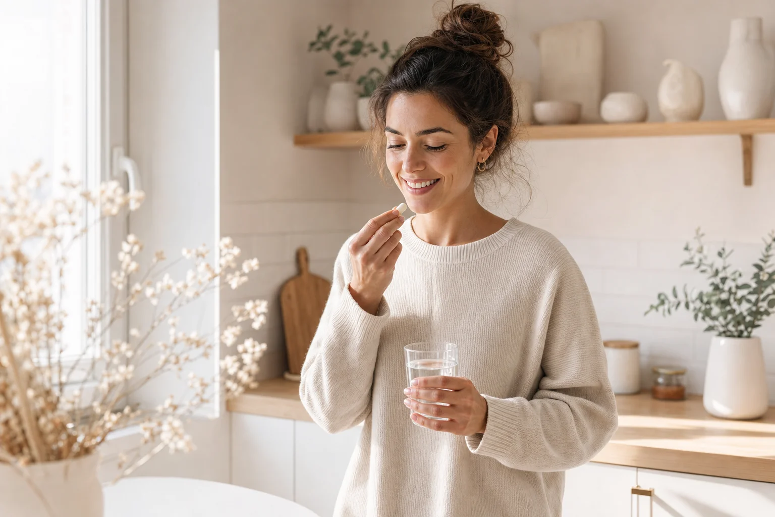 Femme prenant un complément alimentaire pour équilibre hormonal