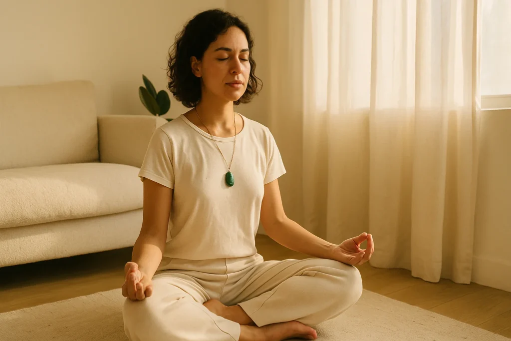 malachite posée sur le chakra du coeur pendant une méditation