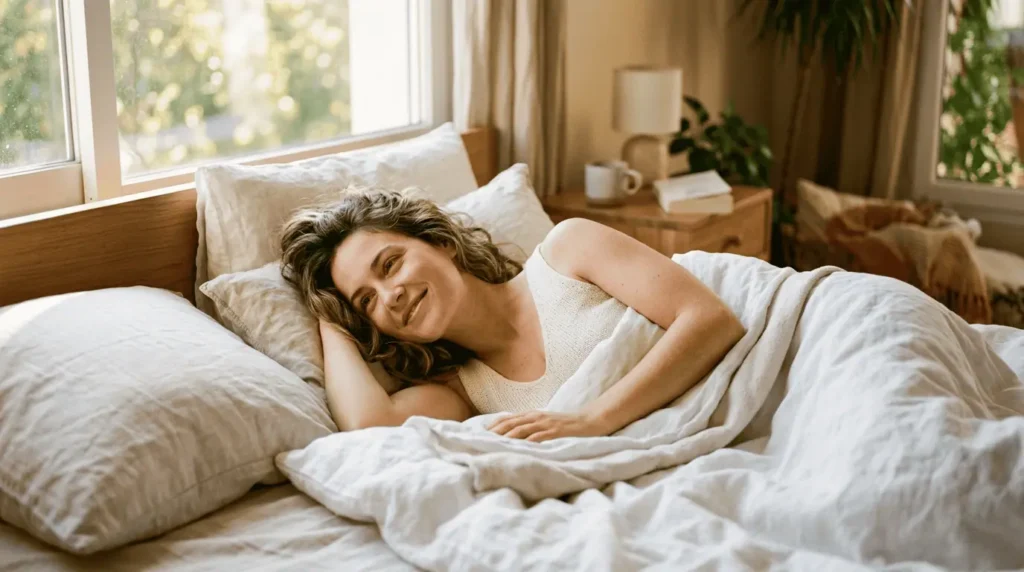 Femme profitant d'un sommeil réparateur dans une chambre lumineuse