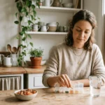 Femme devant ses compléments alimentaires