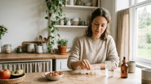 Femme devant ses compléments alimentaires