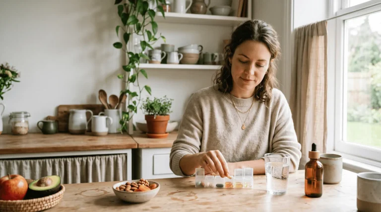 Femme devant ses compléments alimentaires