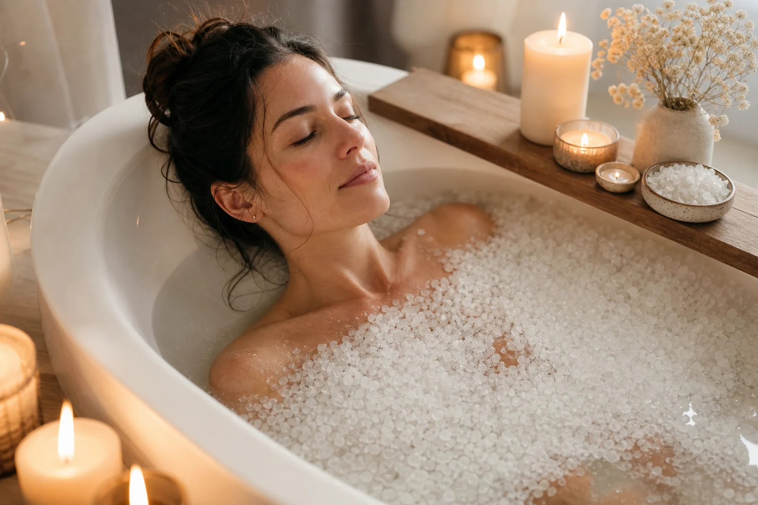 Femme se relaxant dans un bain au Sel d'Epsom pour soulager les douleurs musculaires