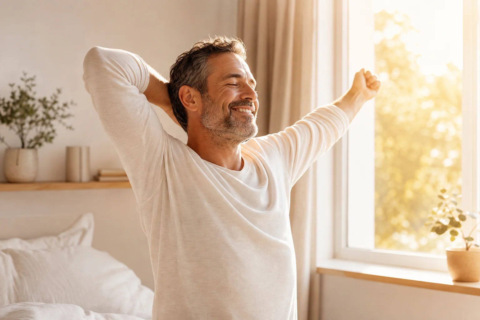 Les bienfaits concrets du sommeil réparateur Homme en pleine forme après un sommeil réparateur