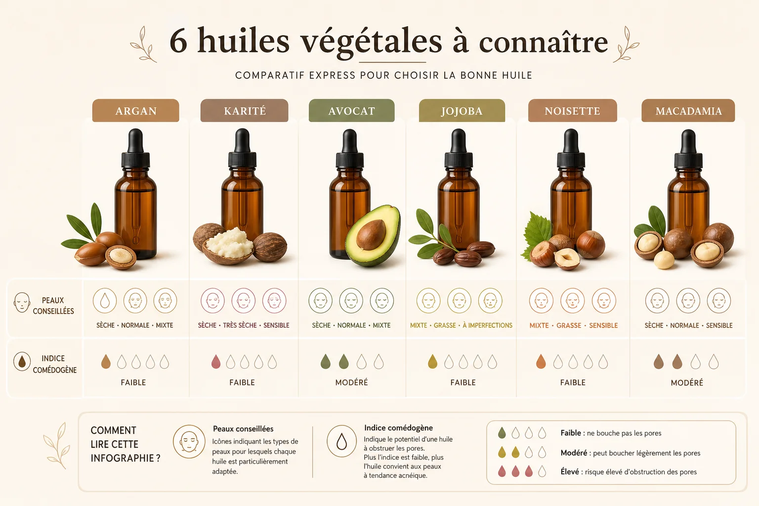 comparatif quelle huile végétale pour mon type de peau selon indice comédogène