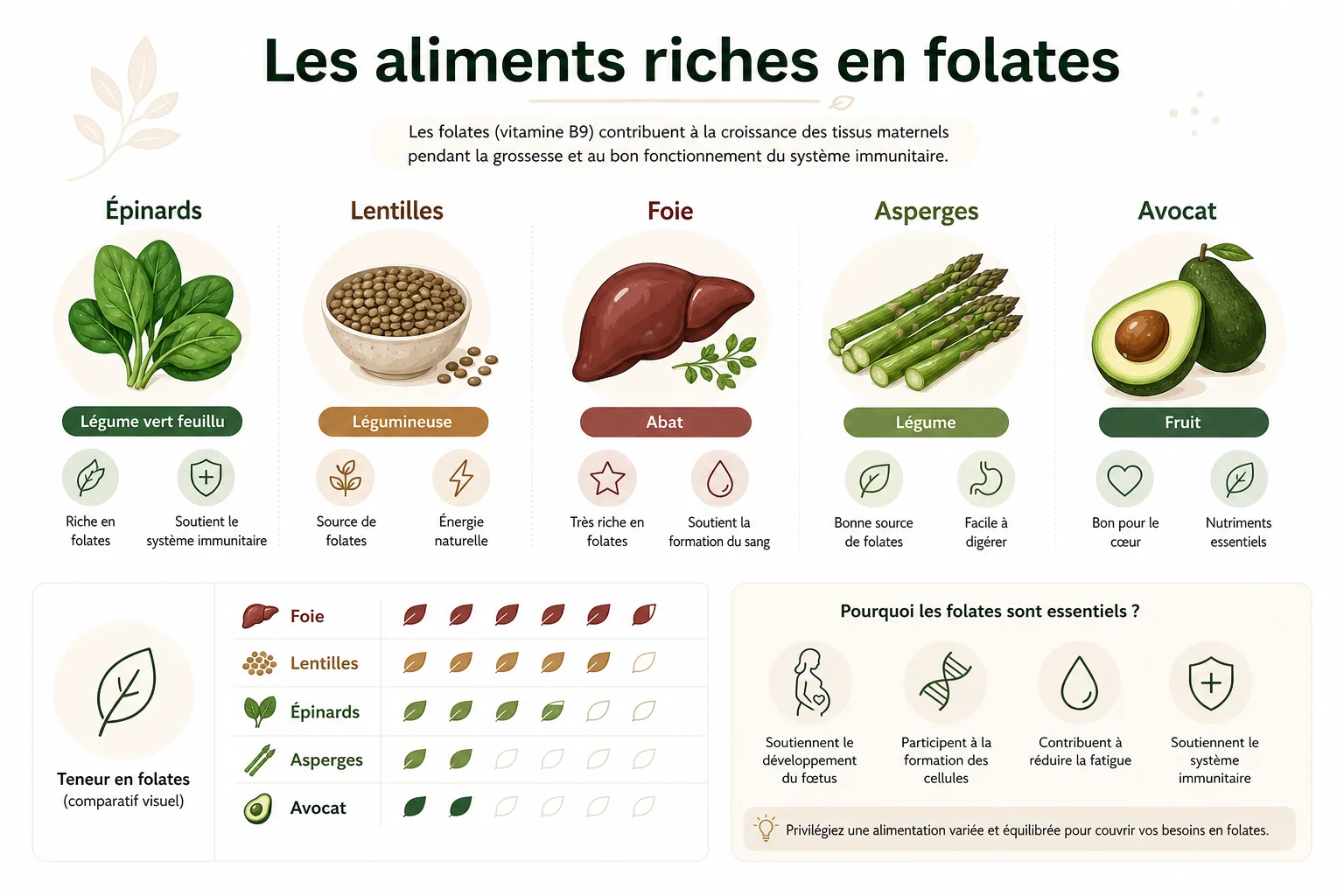 Où trouver de l'acide folique dans l'alimentation Comparatif des aliments riches en folates et acide folique bienfait santé