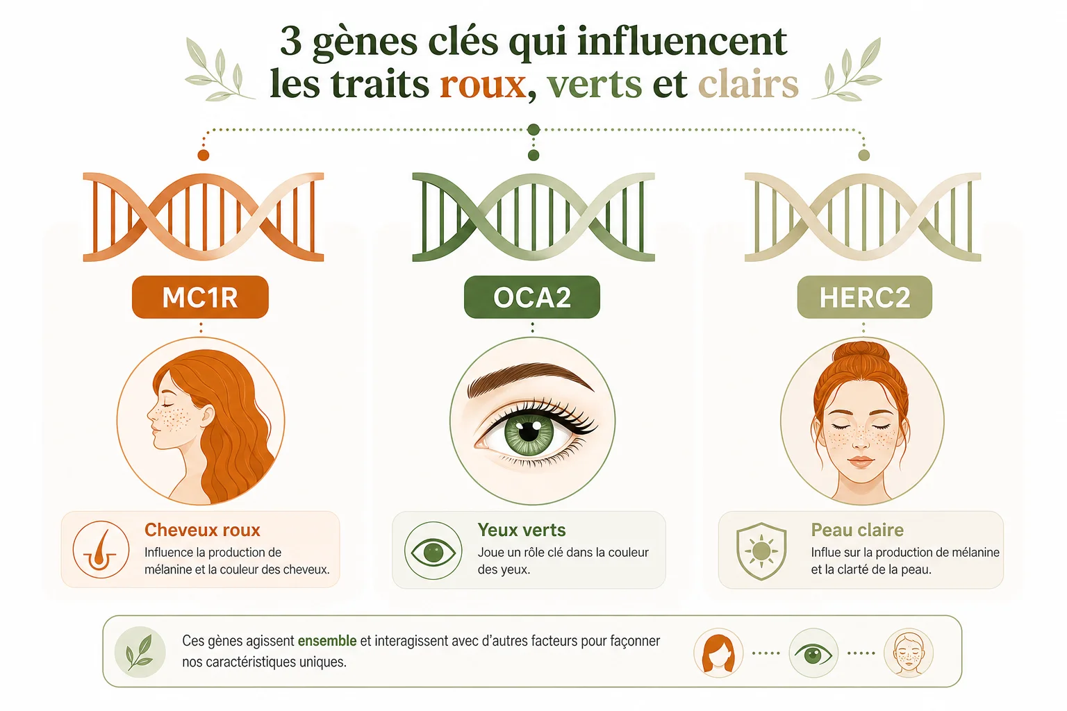 Schéma des gènes MC1R OCA2 HERC2 chez une rousse aux yeux verts rare