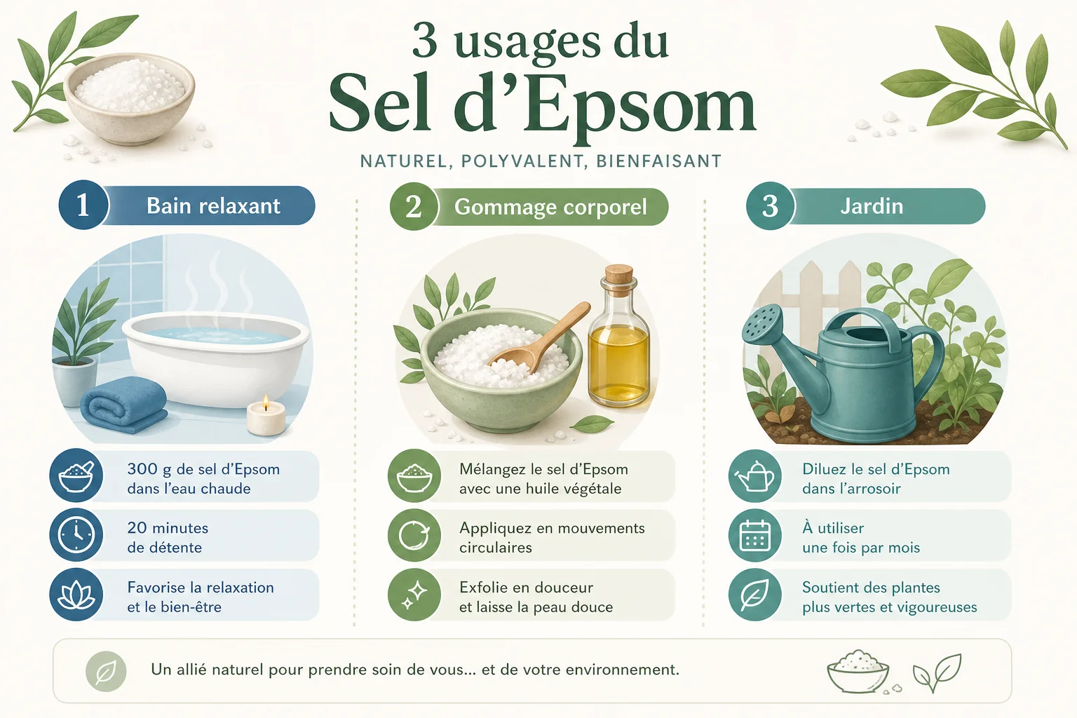 Infographie des trois utilisations du Sel d'Epsom au quotidien