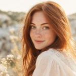 Rousse aux yeux verts rare avec taches de rousseur en lumière naturelle