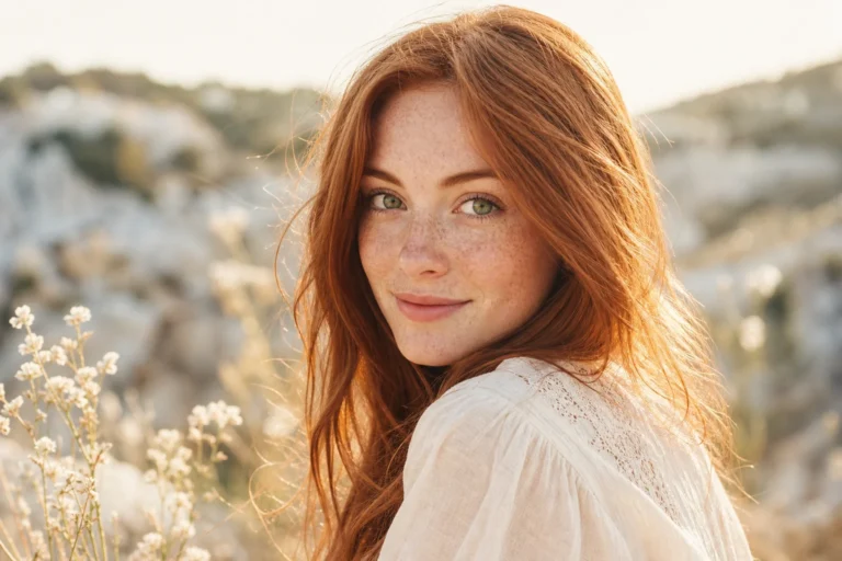Rousse aux yeux verts rare avec taches de rousseur en lumière naturelle