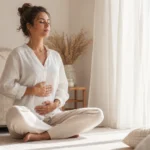 Femme pratiquant la relaxation en respiration abdominale à la maison