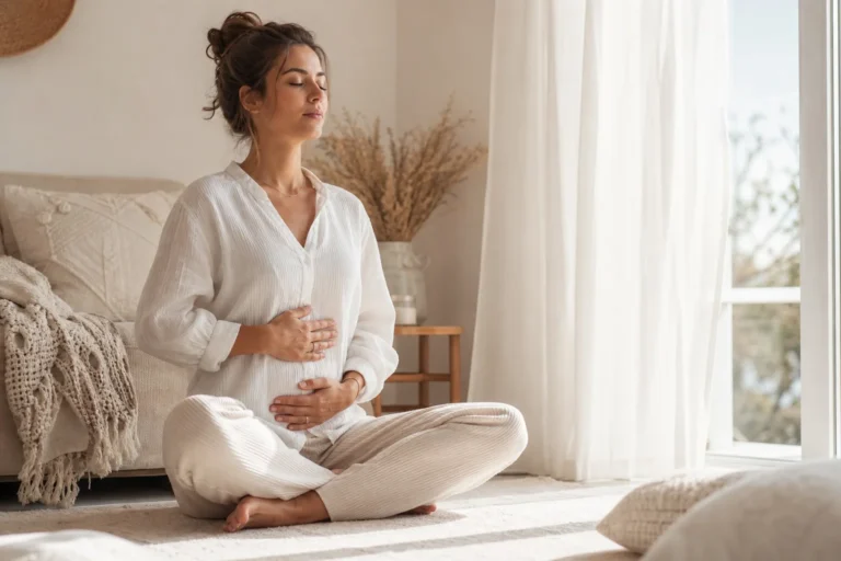 Femme pratiquant la relaxation en respiration abdominale à la maison